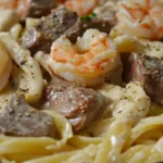 CAJUN SHRIMP AND STEAK ALFREDO PASTA
