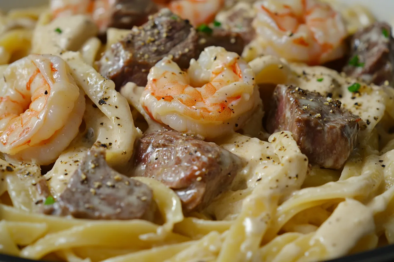 CAJUN SHRIMP AND STEAK ALFREDO PASTA