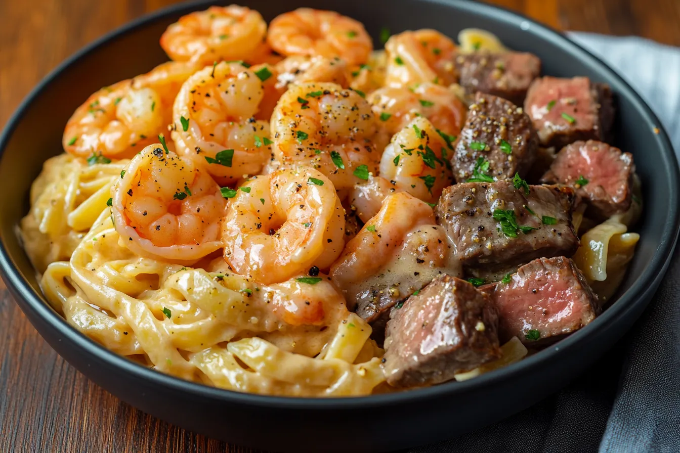 CAJUN SHRIMP AND STEAK ALFREDO PASTA