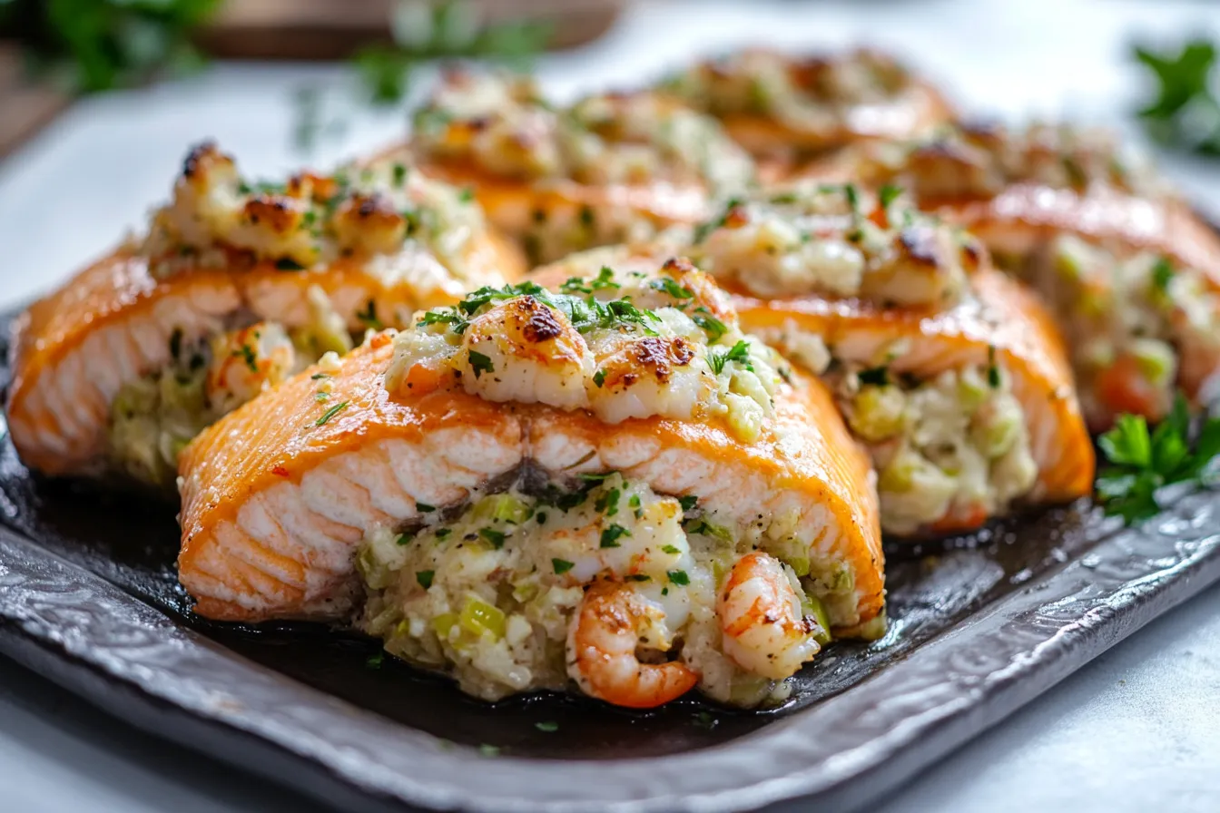 CRAB AND SHRIMP STUFFED SALMON