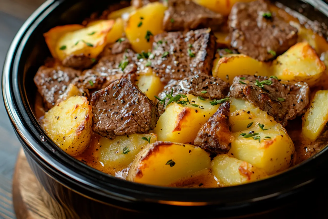 Crockpot Loaded Steak and Potato Bake