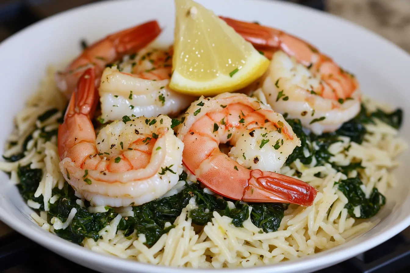 LEMON GARLIC SHRIMP WITH SPINACH ORZO