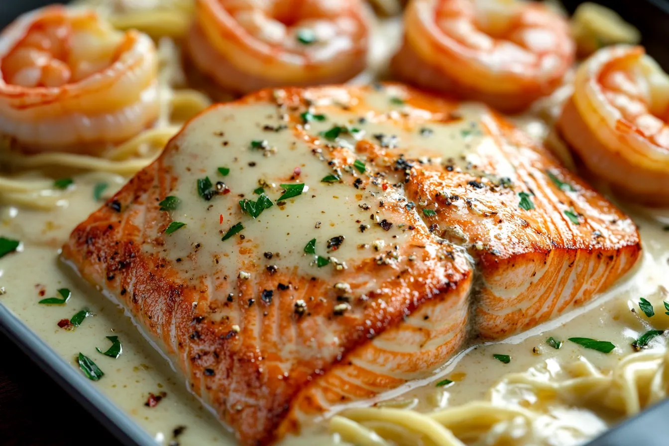 Salmon and Shrimp Alfredo Pasta