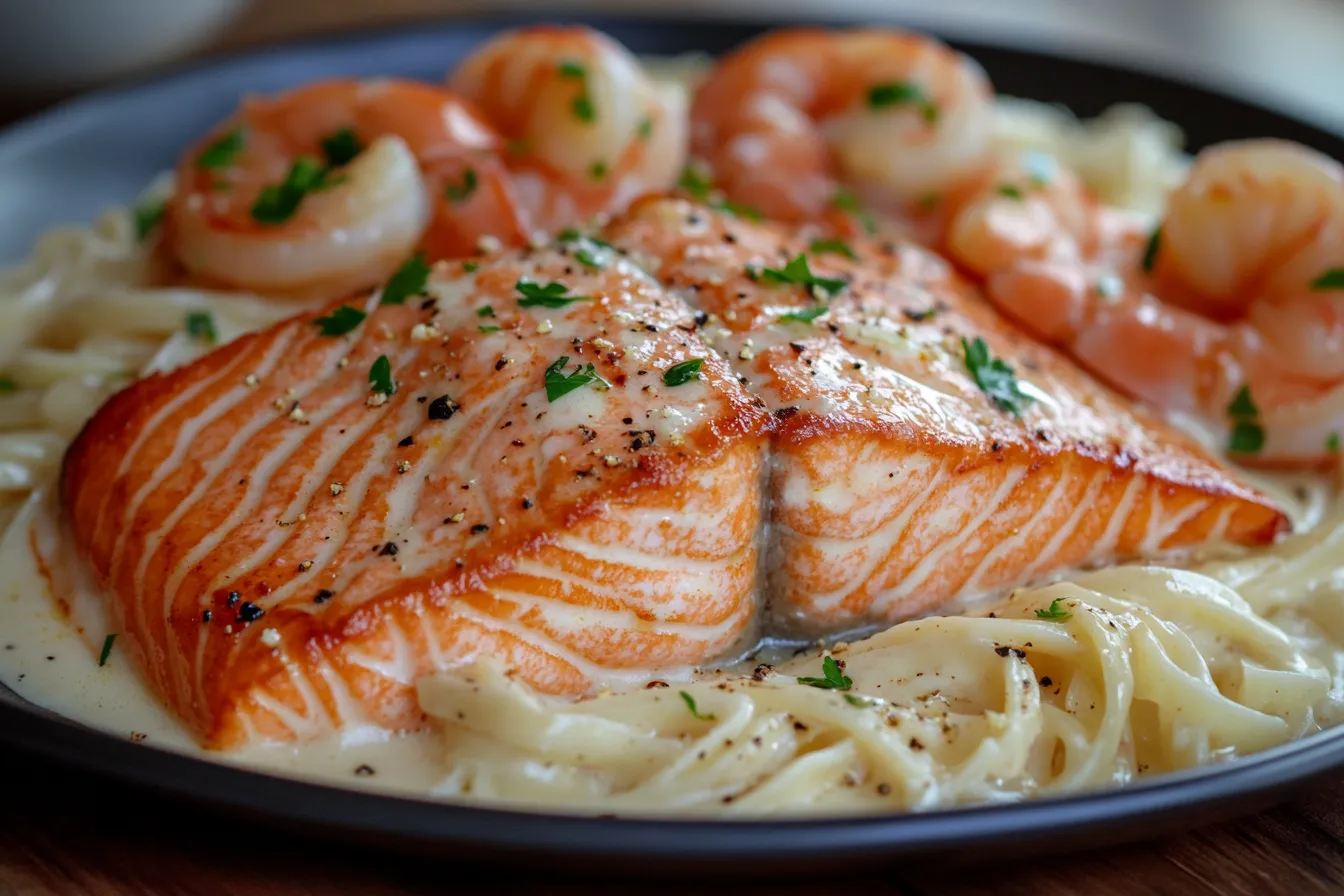 Creamy Salmon and Shrimp Alfredo Pasta Recipe
