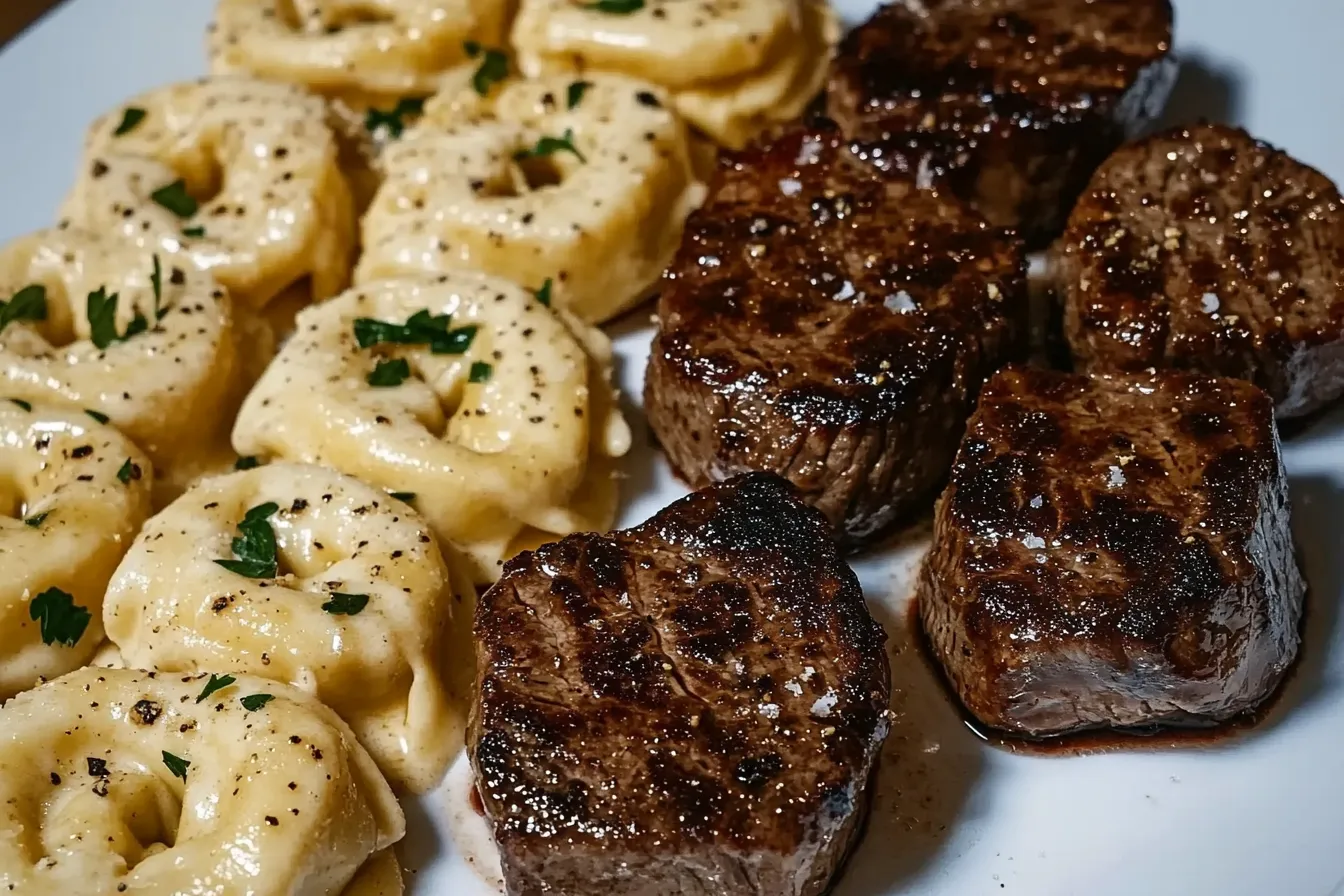 Garlic Butter Steak Bites and Creamy Alfredo Tortellini