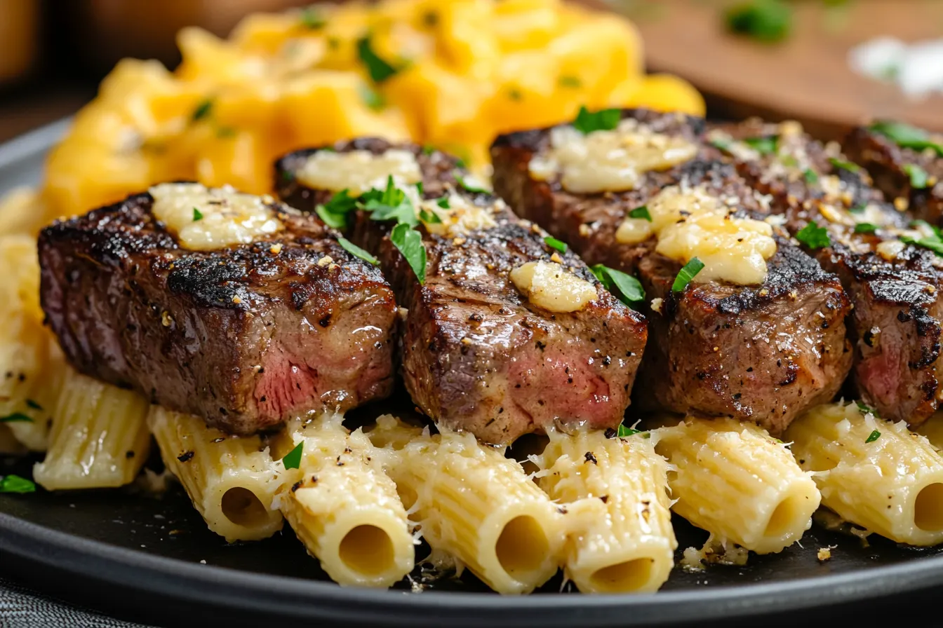 Garlic Butter Steak Tips with Cheesy Rigatoni