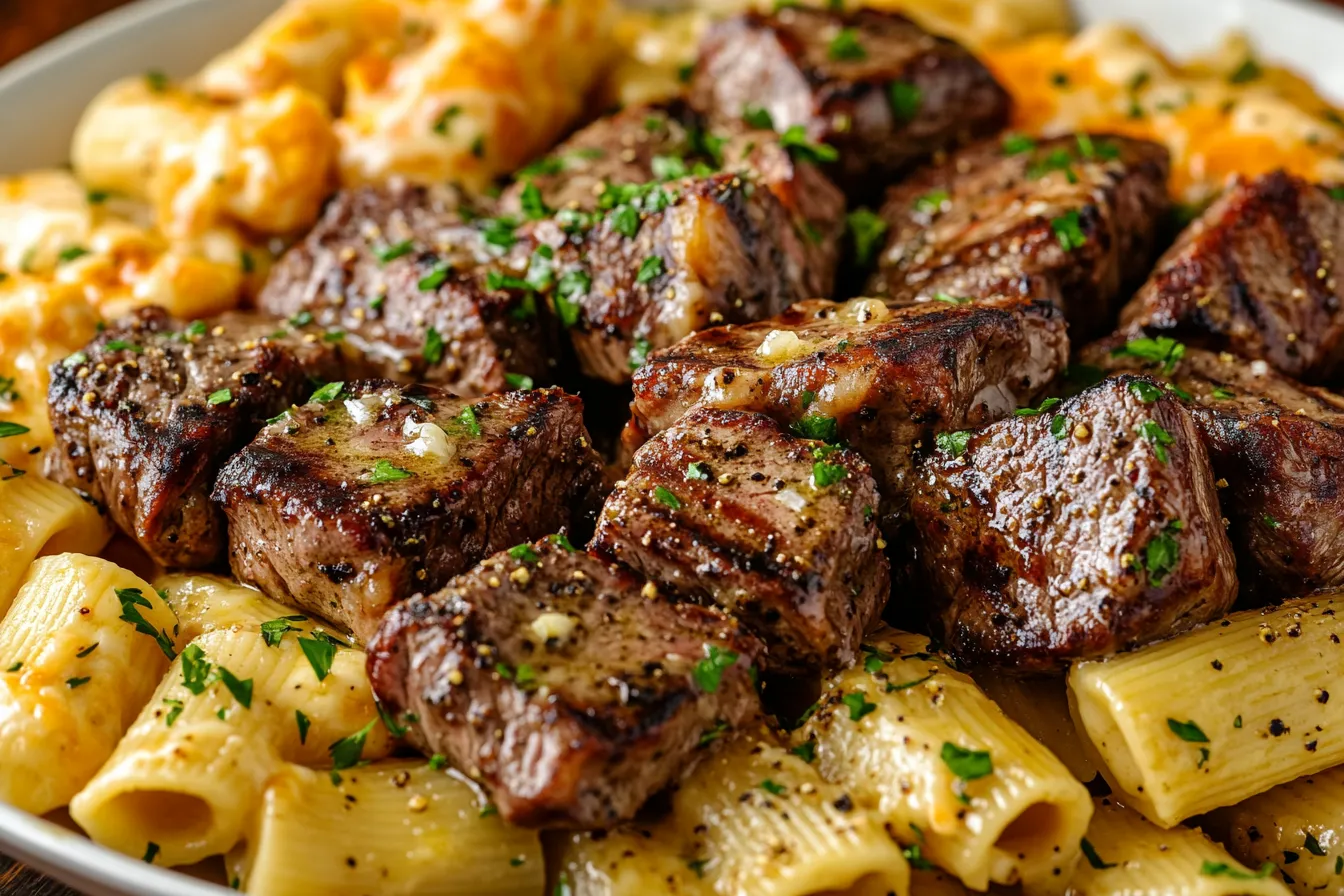 Garlic Butter Steak Tips with Cheesy Rigatoni