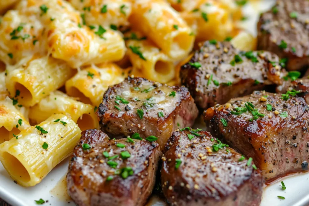Garlic Butter Steak Tips with Cheesy Rigatoni