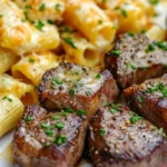Garlic Butter Steak Tips with Cheesy Rigatoni