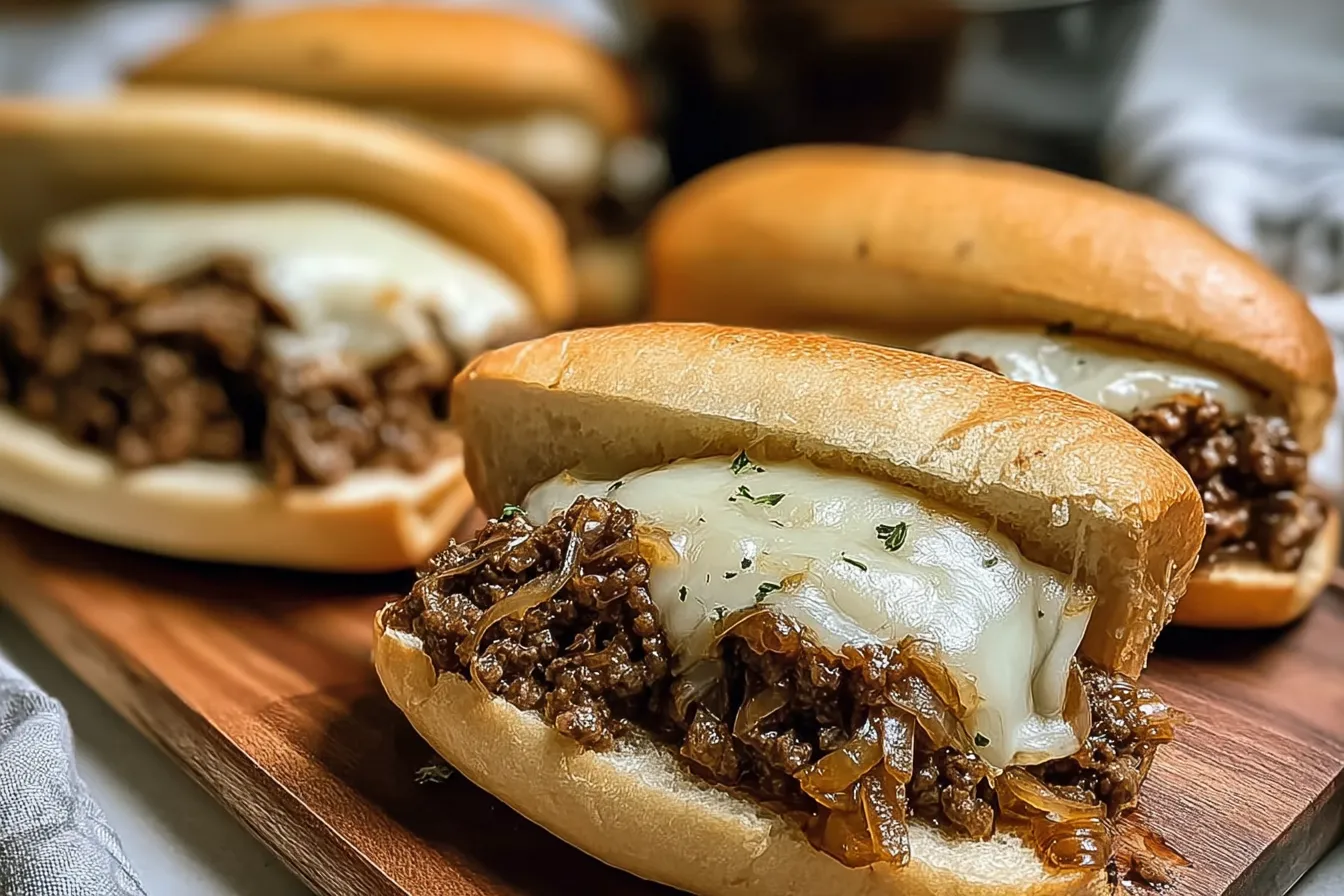 Slow Cooker Ground Beef French Dip Sandwiches