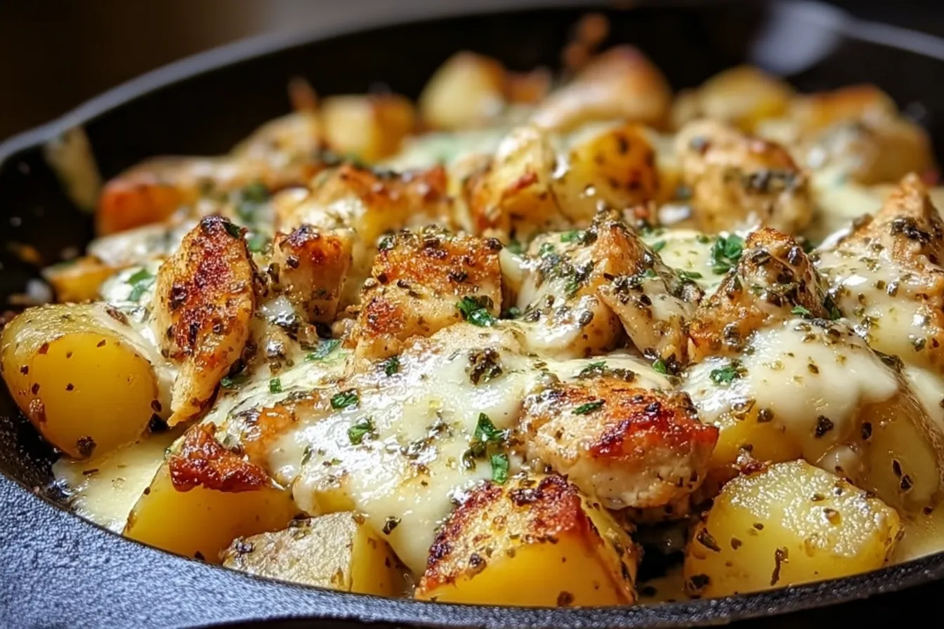 GARLIC PARMESAN CHICKEN AND POTATOES SKILLET